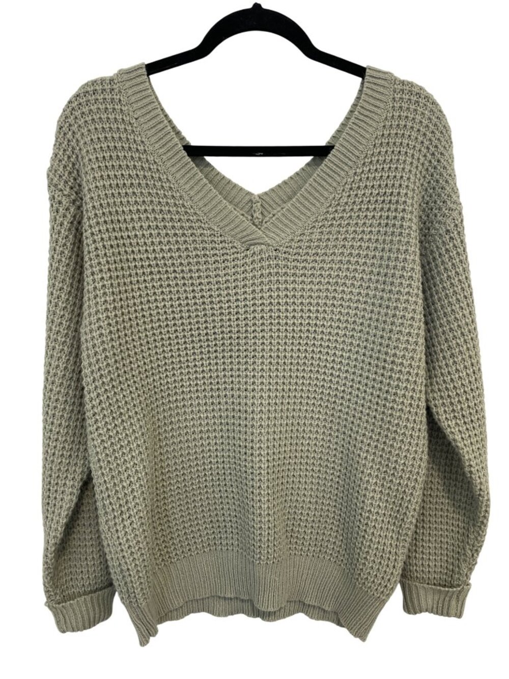 Moon & Madison Sweater Large Waffle Knit V Neck Long Sleeve Pullover Sage Green